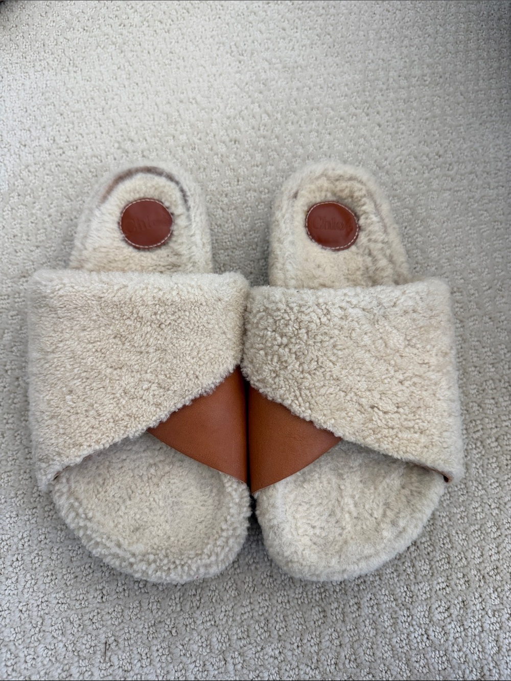 Chloe Cream Shearling Cross-Band Slippers with Tan Leather Accent